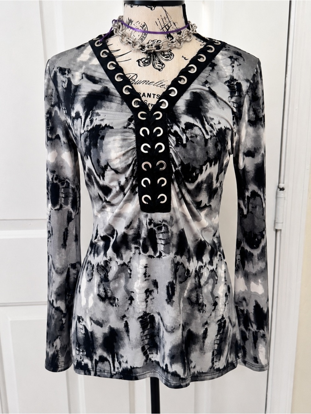 Ariella Black and White Tie-Dye Lace-Up Long Sleeve Top
